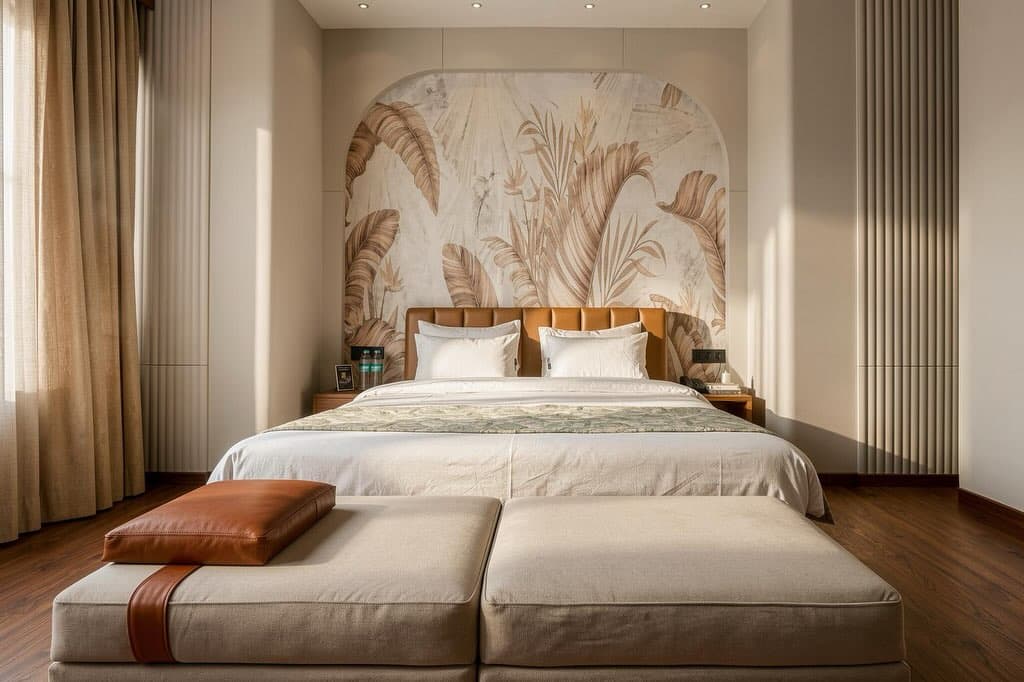 Guest room at Clarks Safari — palm-leaf mural above the bed